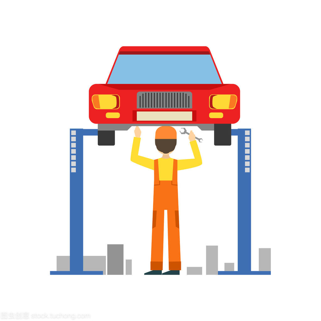 微笑机械师工作下提升车辆在车库里,汽车修理车间服务图
